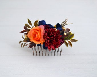 Orange navy blue deep red flower comb Wedding floral comb Boho hair comb Floral headpiece Bridesmaid comb Bridal comb