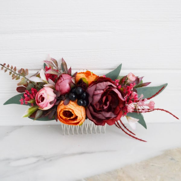 Burgundy orange flower comb Wedding hair clip Bridal hairpiece Bridesmaid Hair flowers Floral headpiece