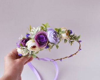 Lavender ivory flower crown Bridal headpiece Wedding hair wreath Maternity photo props Bridesmaid crown Hair flowers
