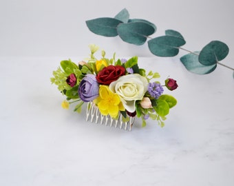 Yellow burgundy white purple floral comb Colorful flower hair comb Bright flower hair clip Bridal hair comb