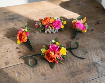 Hot pink orange yellow flower accessories set Bright pocket boutonniere Colorful corsage Bride hair comb Floral hair crown Hair pins fuchsia