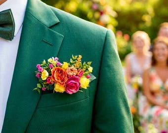 Hot pink orange pocket boutonniere Colorful boutonniere Bright flower accessories Groom Groomsmen