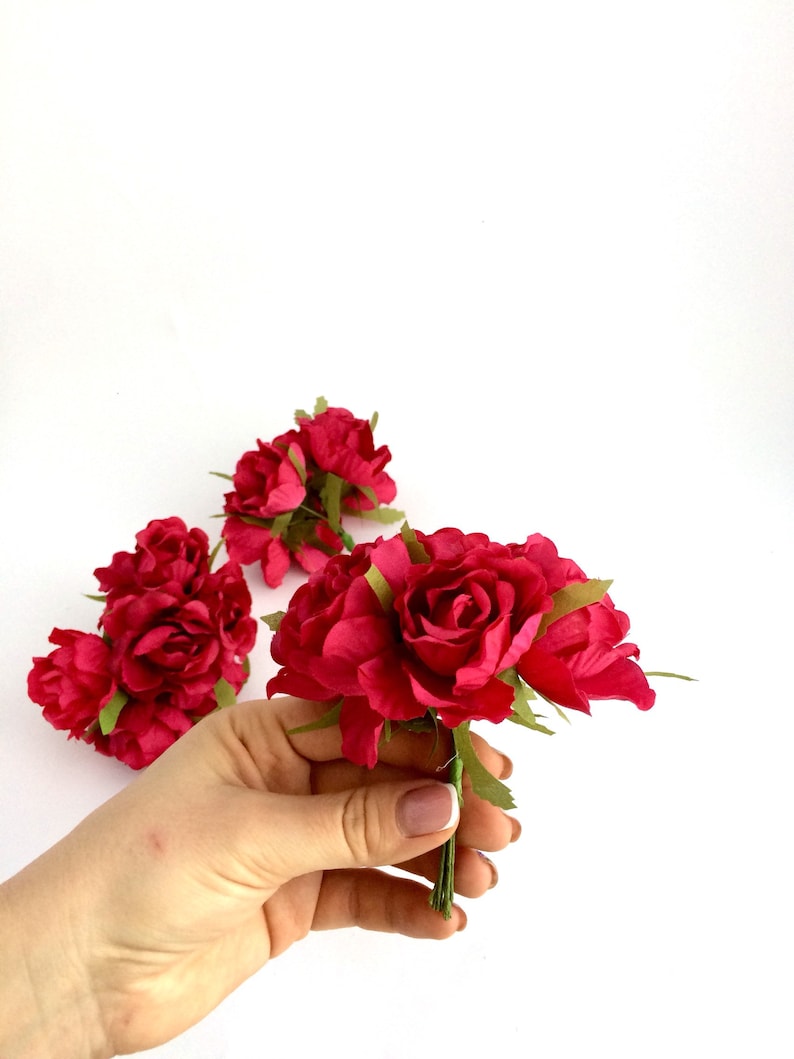 Mini bouquet Small roses Fake flowers Silk Artificial Rose in Crimson Faux roses