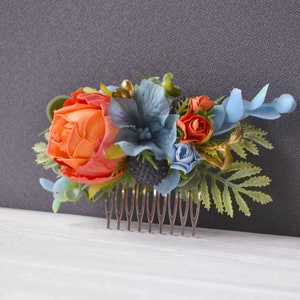 Orange dusty blue flower comb Tropical floral clip wedding Beach wedding Bridesmaids combs image 5