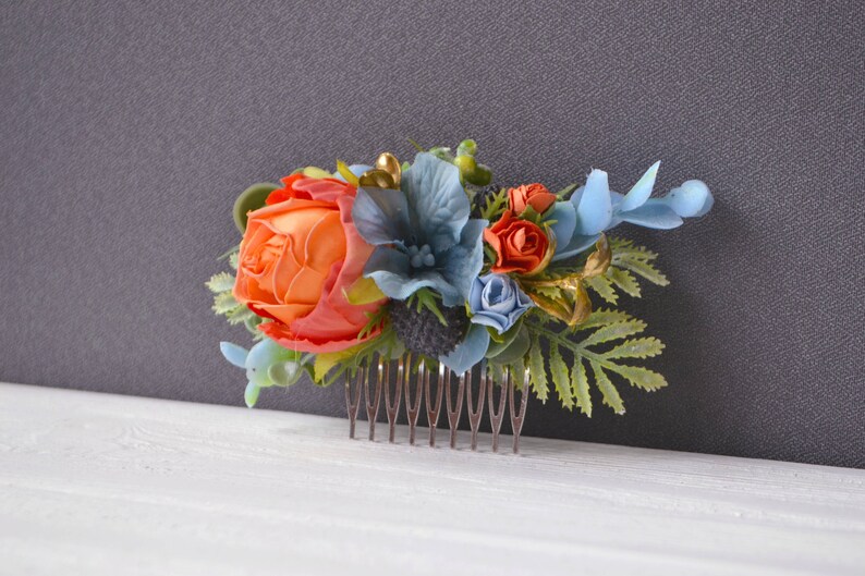 Orange dusty blue flower comb Tropical floral clip wedding Beach wedding Bridesmaids combs image 5