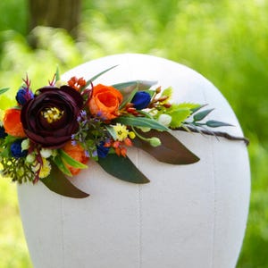 Burgundy floral crown Bridal headpiece Orange blue hair wreath Bridesmaid flower hairpiece Rustic wedding crown