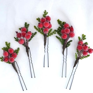 Floral hair pins Christmas accessories Bridal hair pins Berry pins Winter wedding floral Flower hair clip Bridal hair pins Red hair clip