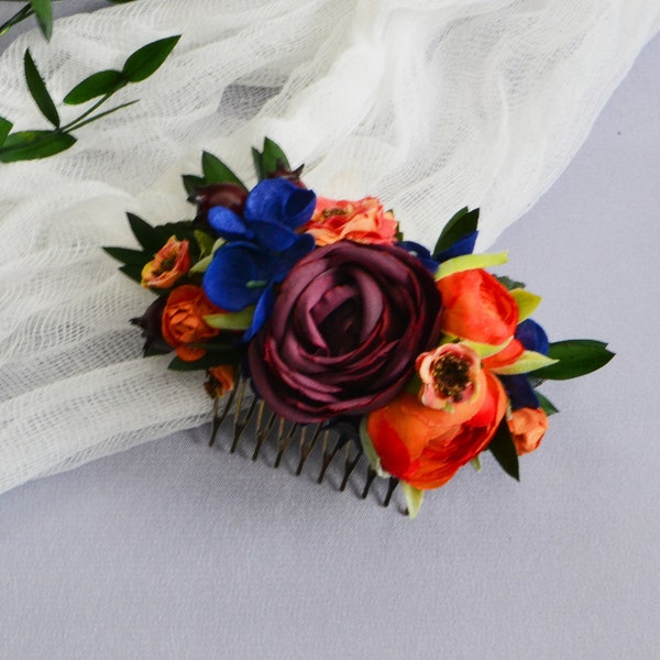 Burgundy orange navy blue flower comb Bridal floral headpiece Fall wedding comb Bridesmaid comb Hair comb wedding