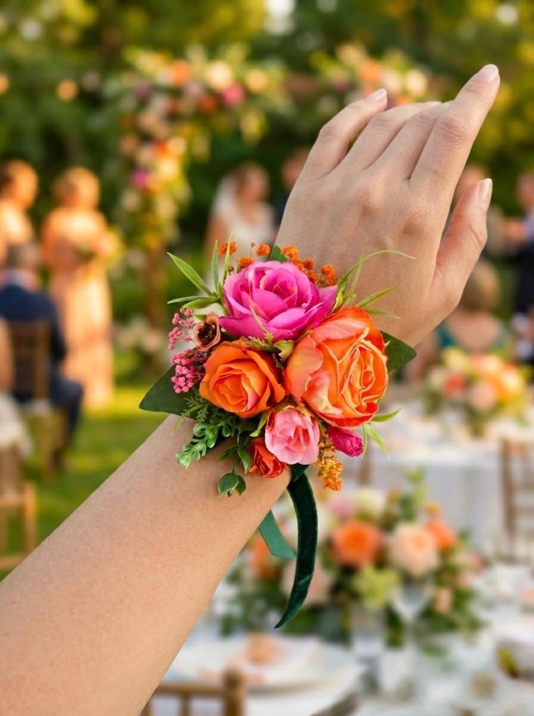 フラワー・ガーデニング corsage no.774 Hot Pink & Orange Floral Wrist Corsage: Summer Wedding Accessory