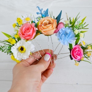 Set von 5 Rosa weiß blau peachhaarpins Haarschmuck Blumenmädchen Kopfschmuck Bunte blumen Haarpins Brautjungfer Geschenk