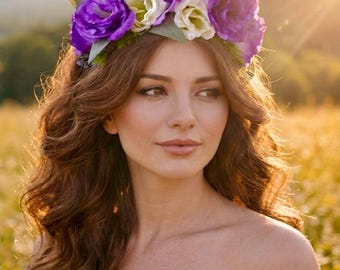 Purple Floral Crown: Boho Wedding Hairpiece with Lilac Roses
