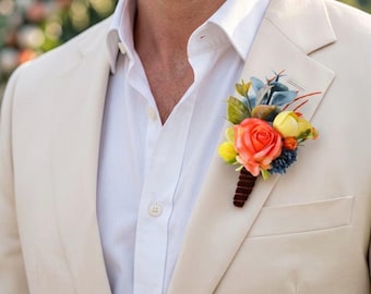 Orange navy blue yellow boutonniere Wedding flower pin for Groom Floral Lapel Pin Groomsmen accessories Fall Wedding