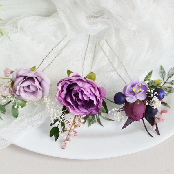 Set of 3 pcs Pastel purple flower hair pins Flower accessories Wedding hair clip Purple flower headdress