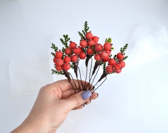 Orange floral hair pins Bridal flower clip Berry hair pins Autumn wedding Christmas hair accessories Orange wedding Bridesmaid