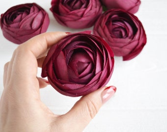 Burgundy Ranunculus Flower Heads: Set of 5 Faux Silk Flowers (2.36''/6 cm)