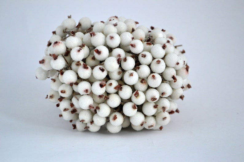 May include: A cluster of white berries with red centers, perfect for adding a touch of wintery charm to your holiday decor.