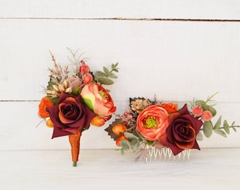 Bridal autumn flower accessory Wedding floral hair comb Burgundy Orange boutonniere Rustic wedding set Groom