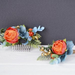 Orange dusty blue flower comb Tropical floral clip wedding Beach wedding Bridesmaids combs image 4