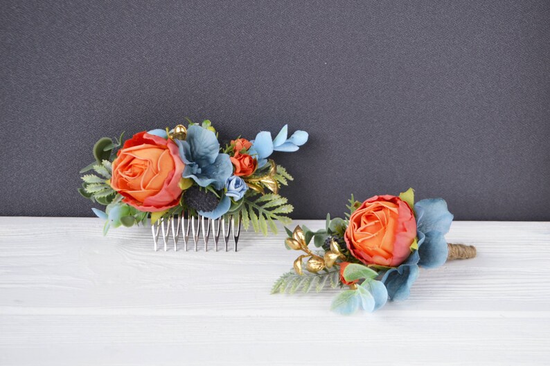 Orange dusty blue flower comb Tropical floral clip wedding Beach wedding Bridesmaids combs image 4