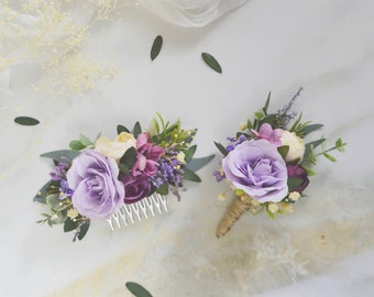 Lilac purple ivory flower comb Wedding hair comb Floral comb Boutonniere flowers Flower hair comb Wedding hair piece Bridal flower clip