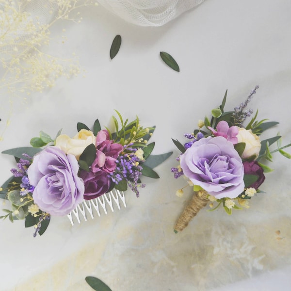 Lilac purple ivory flower comb Wedding hair comb Floral comb Boutonniere flowers Flower hair comb Wedding hair piece Bridal flower clip