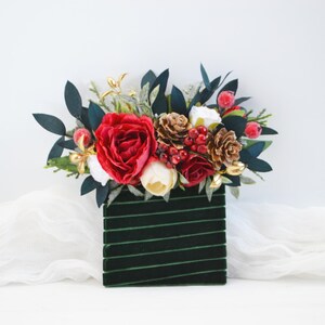 Winter Wedding Boutonniere: Red & White Silk Flowers, Pine Cone