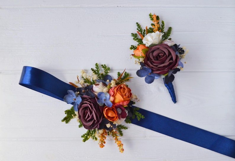 Burgundy rust navy blue flower accessories Flower corsage Floral Accessories Boho wedding flowers Groomsmen buttonhole Groom image 2