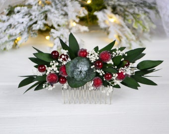 Winter berries mini comb for wedding Eucalyptus hair clip Christmas headpiece woodland flower hair comb Bridal accessories