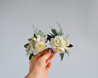 White Flower Mini Comb: Wedding Hair Piece with Eucalyptus