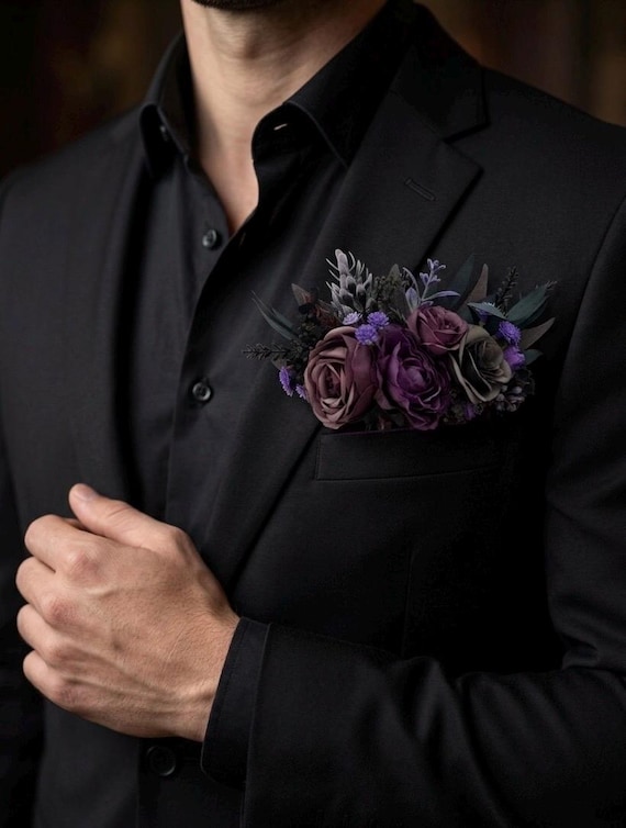 Dark purple plum pocket boutonniere Gothic groom flowers Fall wedding Boutonniere for men