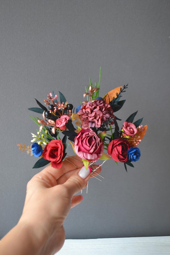 Boho Floral Hair Pins (set of 5): Burgundy, Navy Wedding  display picture 1