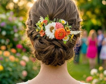 Peineta floral veraniega vibrante, tocado nupcial de flores blancas y naranja brillante, accesorio para el cabello para bodas rústicas en el jardín.