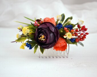 Burgundy orange yellow navy blue floral comb Flower accessories Bridal floral headpiece Fall wedding comb Bridesmaid clip