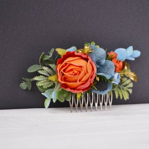 Orange dusty blue flower comb Tropical floral clip wedding Beach wedding Bridesmaids combs image 1