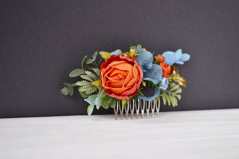 Orange dusty blue flower comb Tropical floral clip wedding Beach wedding Bridesmaids combs image 1