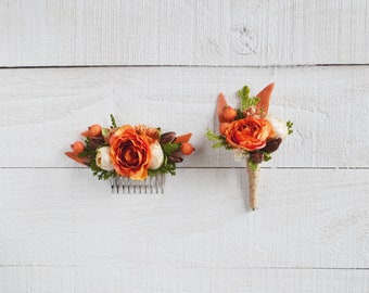 Rust orange brown flower set Boho wedding Floral comb Bridal flower clip Wedding hair accessories Flower headpiece Autumn wedding