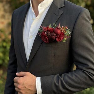 Burgundy Deep Red Floral Pocket Boutonniere Wedding Accessories for Groom