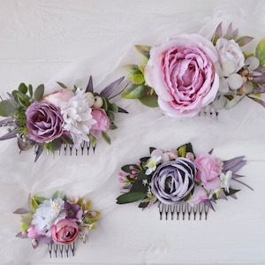 Pastel flower comb Dusty purple floral accessories Boho bride clip Blush pink hairpiece Bridesmaid flowers