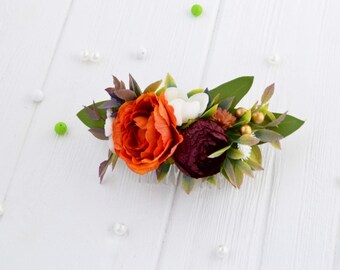 Orange burgundy flower comb Floral headpiece Rustic flower comb Bridesmaid comb Bridal flower clip Wedding hair comb