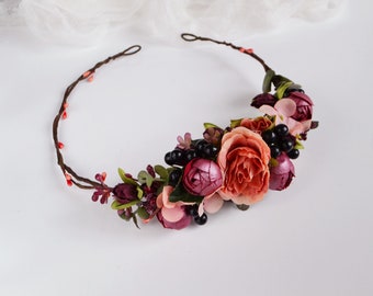 Burgundy peach black flower crown Wedding headpiece Bridal hairpiece Bridesmaid crown