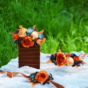 Rust burnt orange brown Floral Set Hair Comb Wrist Corsage Pocket Boutonniere Autumn boho Weddings