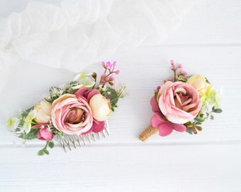 Ivory pink flower comb Wedding hair comb Floral comb Boutonniere flowers Flower hair comb Wedding hair piece Bridal flower clip