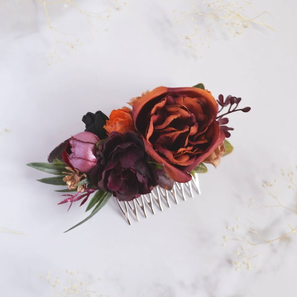 Terracota burgundy hair comb, Rust wedding flower comb, Bridal hair piece