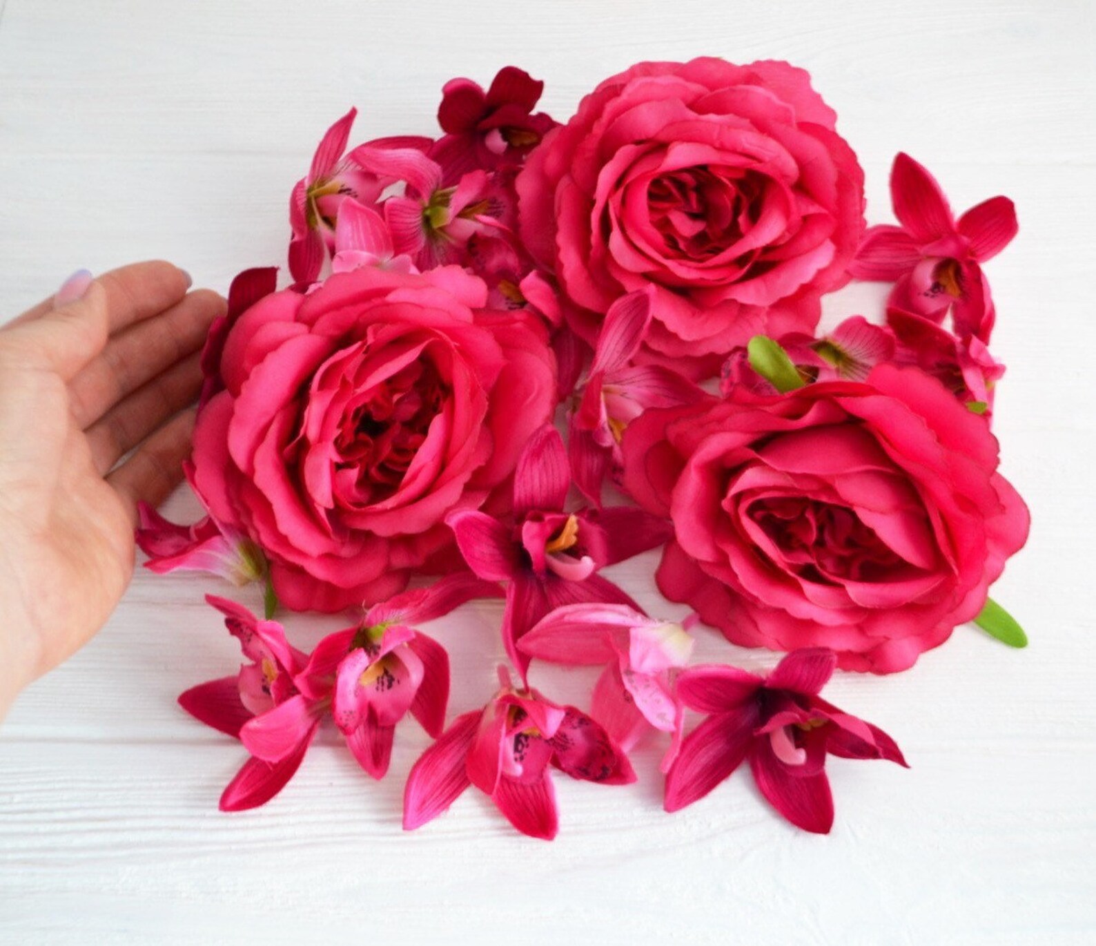 Hot Pink silk artificial flowers Fake roses Faux Orchids Mix Etsy