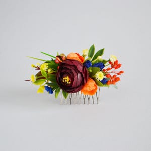 Burgundy orange yellow navy blue floral comb Flower accessories Bridal floral headpiece Fall wedding comb Bridesmaid clip