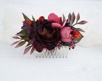 Burgundy mauve rust flower comb Bridal hair comb Wedding hair piece Floral clip Hair comb Bridal flower clip