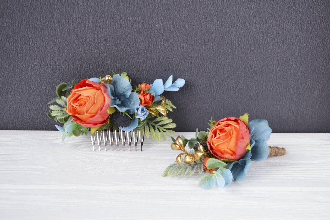 Orange Dusty Blue Flower Accessories Tropical Wedding Beach Etsy