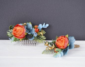 Orange Dusty Blue flower accessories Tropical wedding Beach flower comb Boutonniere flowers Wedding hair piece