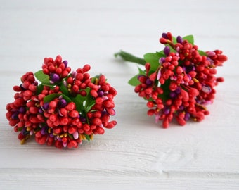 24 Flower stamens Berry stems Artificial flower decor Fake berries Red floral filler