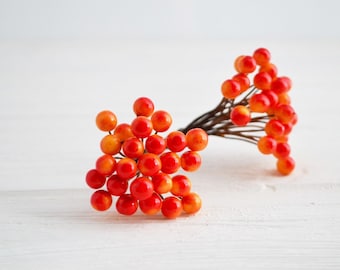 May include: A cluster of vibrant, artificial berries with a mix of red and orange hues. The berries are round and clustered on thin, brown stems, creating a natural look. Perfect for seasonal decor or craft projects.